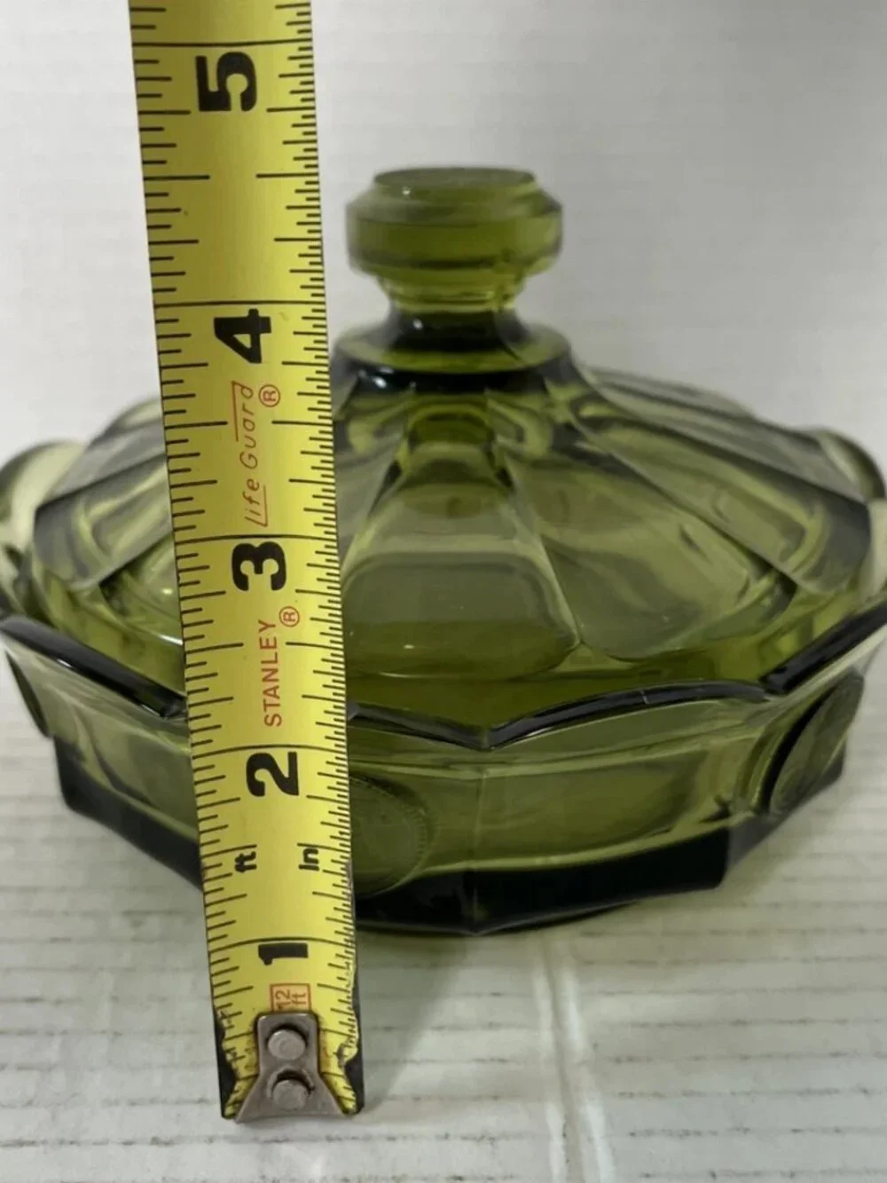 Vintage Fostoria Coin Glass Olive Green Covered Candy Dish